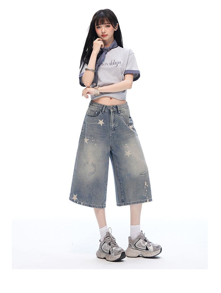 중학생 데님 바지 여성 여름 새로운 아메리칸 레트로 마 오래된 별 프린트 루즈핏 슈퍼 화재 7부 바지 상세 이미지 16