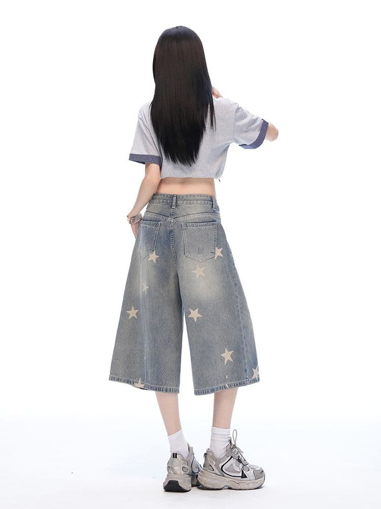중학생 데님 바지 여성 여름 새로운 아메리칸 레트로 마 오래된 별 프린트 루즈핏 슈퍼 화재 7부 바지 상세 이미지 20