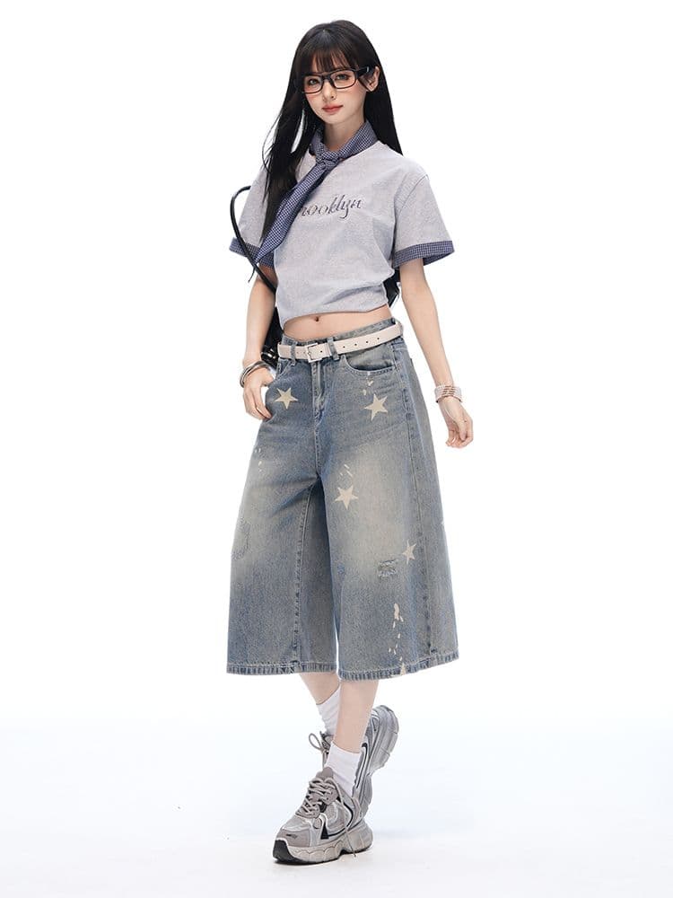 중학생 데님 바지 여성 여름 새로운 아메리칸 레트로 마 오래된 별 프린트 루즈핏 슈퍼 화재 7부 바지 상세 이미지 24