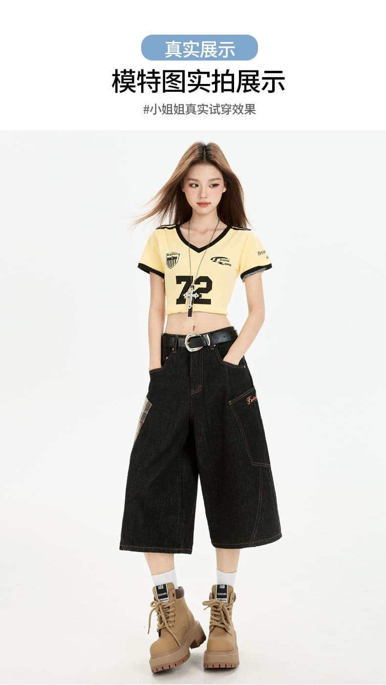 아메리칸 체크무늬 빅 포켓 워크웨어 데님 반바지 여성 여름 디자인 센스 넓은 다리 캐주얼 7부 바지 상세 이미지 10