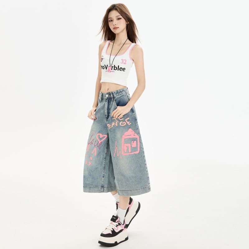 중학생 까마귀 데님 7부 바지 여성 여름 아메리칸 와이드 레그 팬츠 어린이 루즈핏 스트레이트 거리 캐주얼 반바지 이미지 5