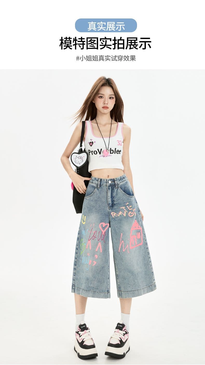 중학생 까마귀 데님 7부 바지 여성 여름 아메리칸 와이드 레그 팬츠 어린이 루즈핏 스트레이트 거리 캐주얼 반바지 상세 이미지 10