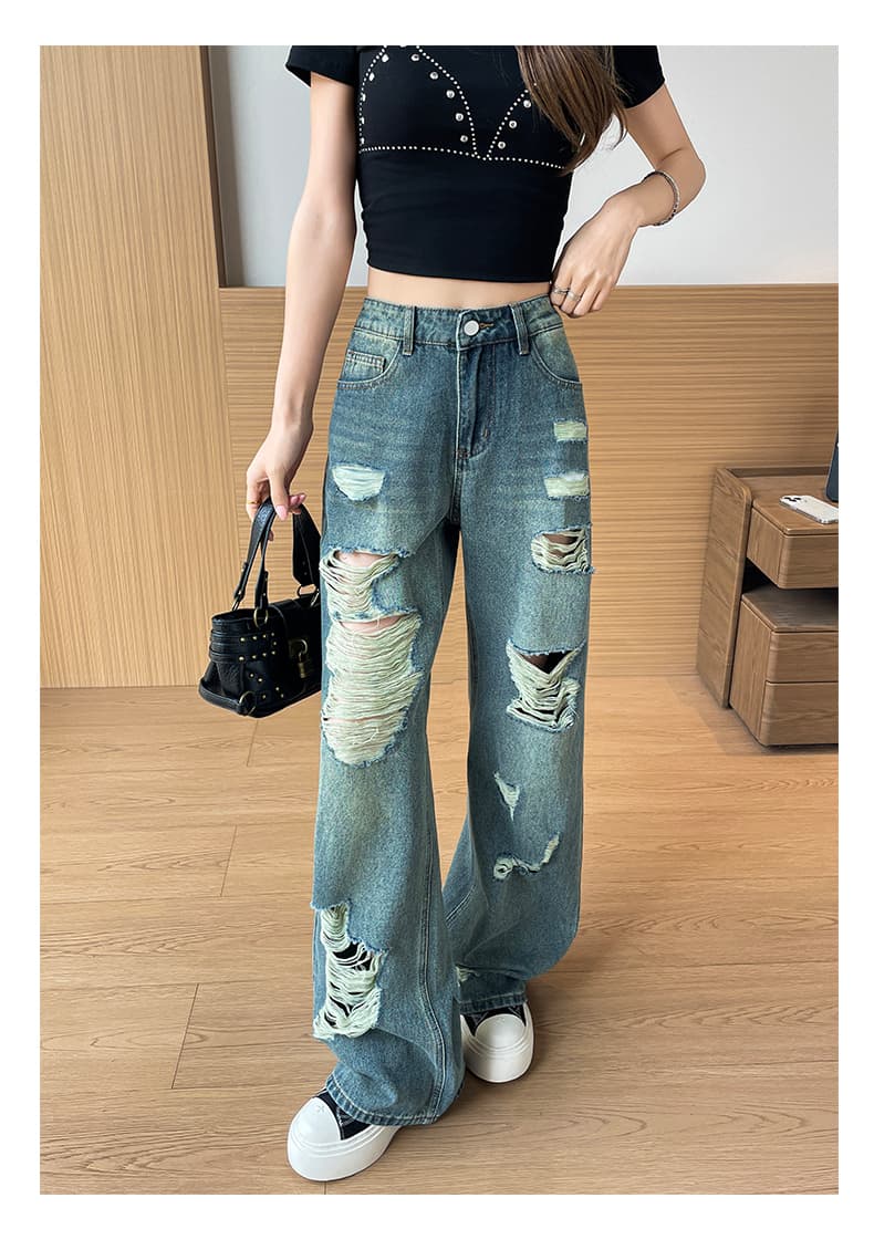 여름 새로운 찢어진 부분 데님 좁은 에디션 와이드 레그 팬츠 상세 이미지 13