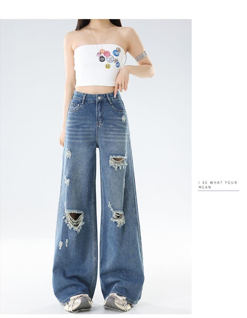 레트로 찢어진 부분 넓은 다리 청바지 여성 새로운 하이웨이스트 작은 키 슬림해 보이는 루즈핏 바닥 청소 스트레이트 팬츠 상세 이미지 13