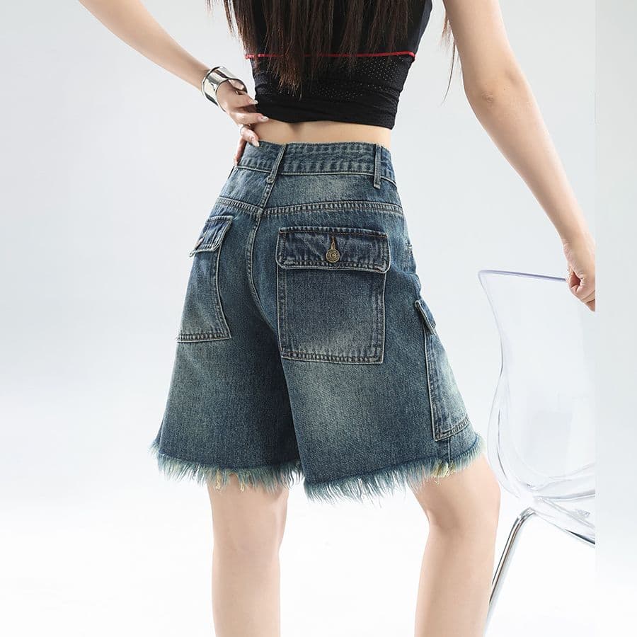 아메리칸 레트로 하이웨이스트 워크웨어 데님 반바지 여성 여름 5 점 바지 캐주얼 루즈핏 스트레이트 거친 가장자리 바지 이미지 3
