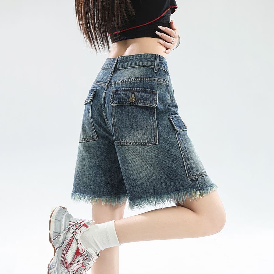 아메리칸 레트로 하이웨이스트 워크웨어 데님 반바지 여성 여름 5 점 바지 캐주얼 루즈핏 스트레이트 거친 가장자리 바지 이미지 5