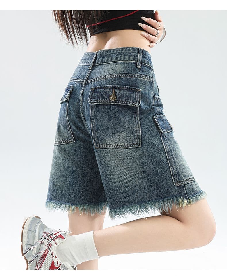 아메리칸 레트로 하이웨이스트 워크웨어 데님 반바지 여성 여름 5 점 바지 캐주얼 루즈핏 스트레이트 거친 가장자리 바지 상세 이미지 3
