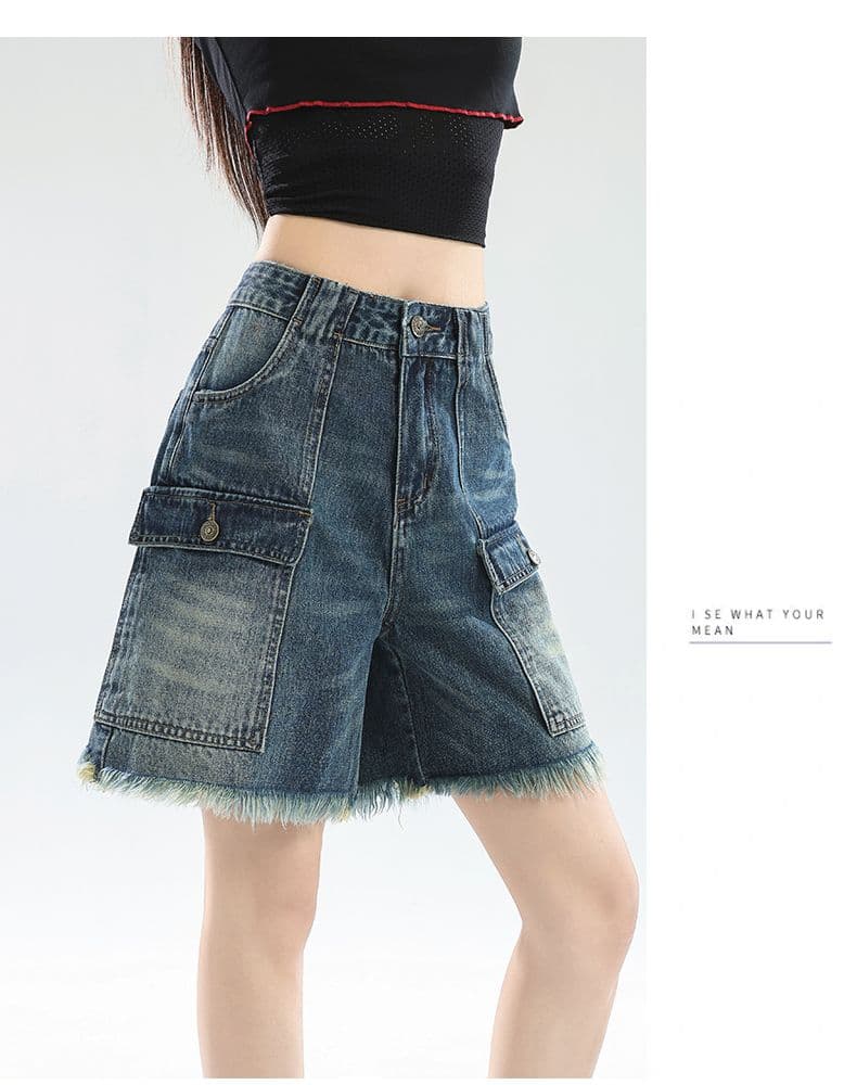 아메리칸 레트로 하이웨이스트 워크웨어 데님 반바지 여성 여름 5 점 바지 캐주얼 루즈핏 스트레이트 거친 가장자리 바지 상세 이미지 14