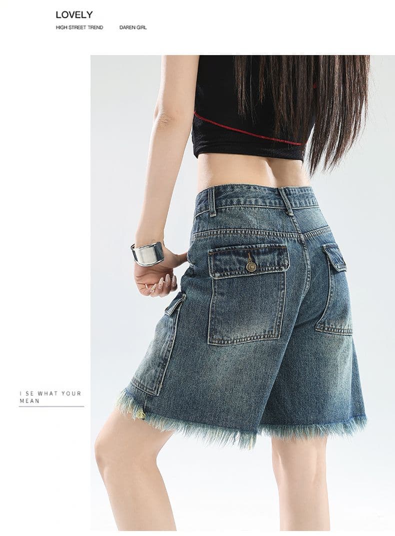 아메리칸 레트로 하이웨이스트 워크웨어 데님 반바지 여성 여름 5 점 바지 캐주얼 루즈핏 스트레이트 거친 가장자리 바지 상세 이미지 15