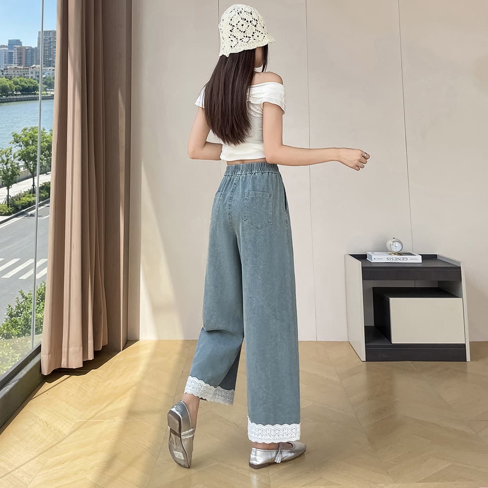 패치워크 레이스 레이스 레트로 워시 물 청바지 2026 여름 새로운 루즈핏 표지 고기 9 포인트 와이드 레깅스 바지 이미지 3