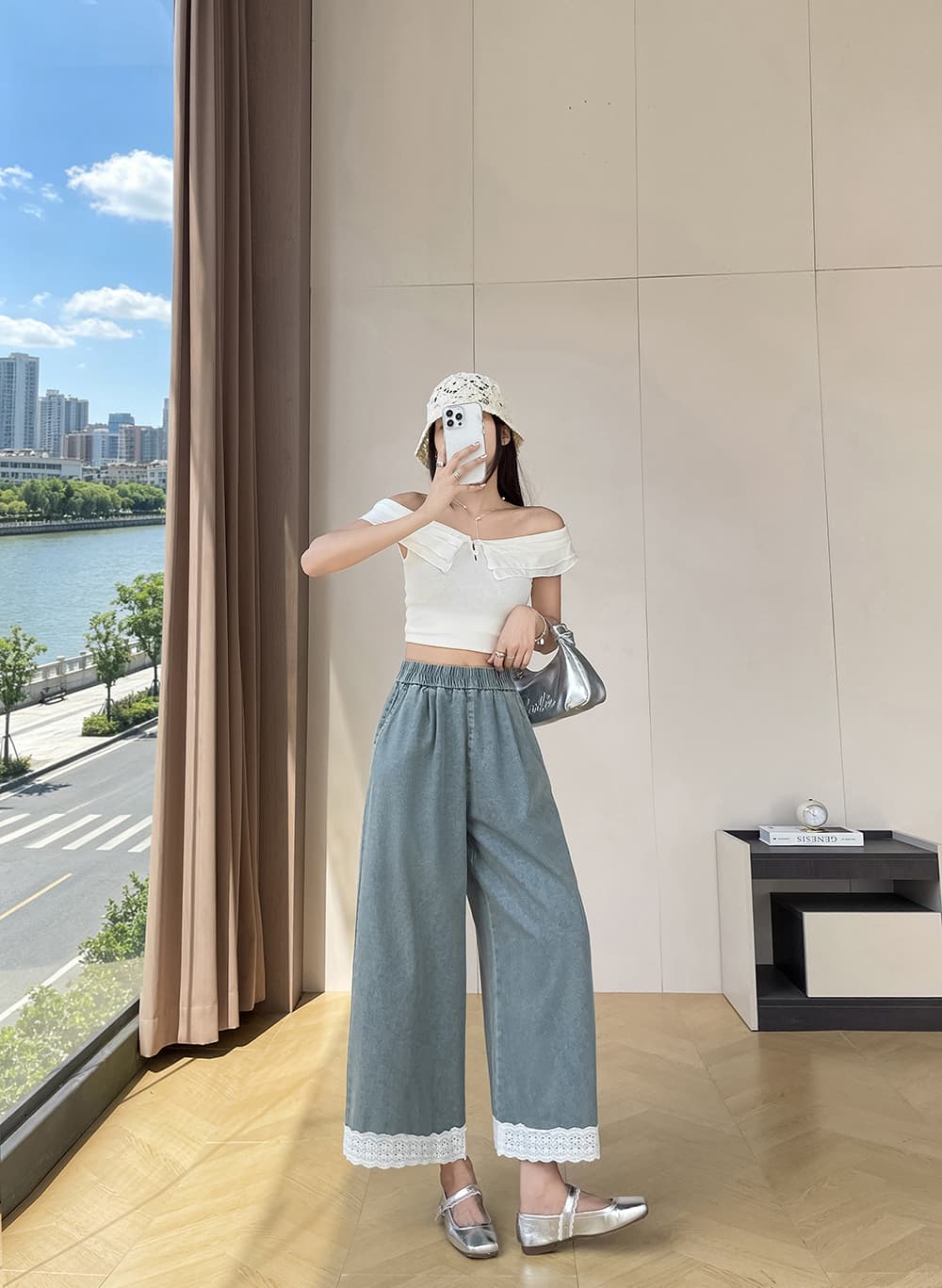 패치워크 레이스 레이스 레트로 워시 물 청바지 2026 여름 새로운 루즈핏 표지 고기 9 포인트 와이드 레깅스 바지 상세 이미지 5