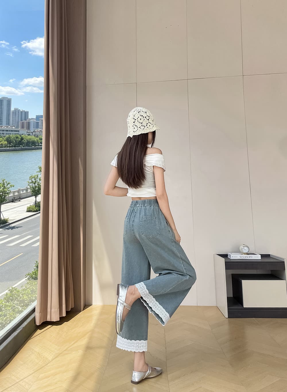 패치워크 레이스 레이스 레트로 워시 물 청바지 2026 여름 새로운 루즈핏 표지 고기 9 포인트 와이드 레깅스 바지 상세 이미지 8