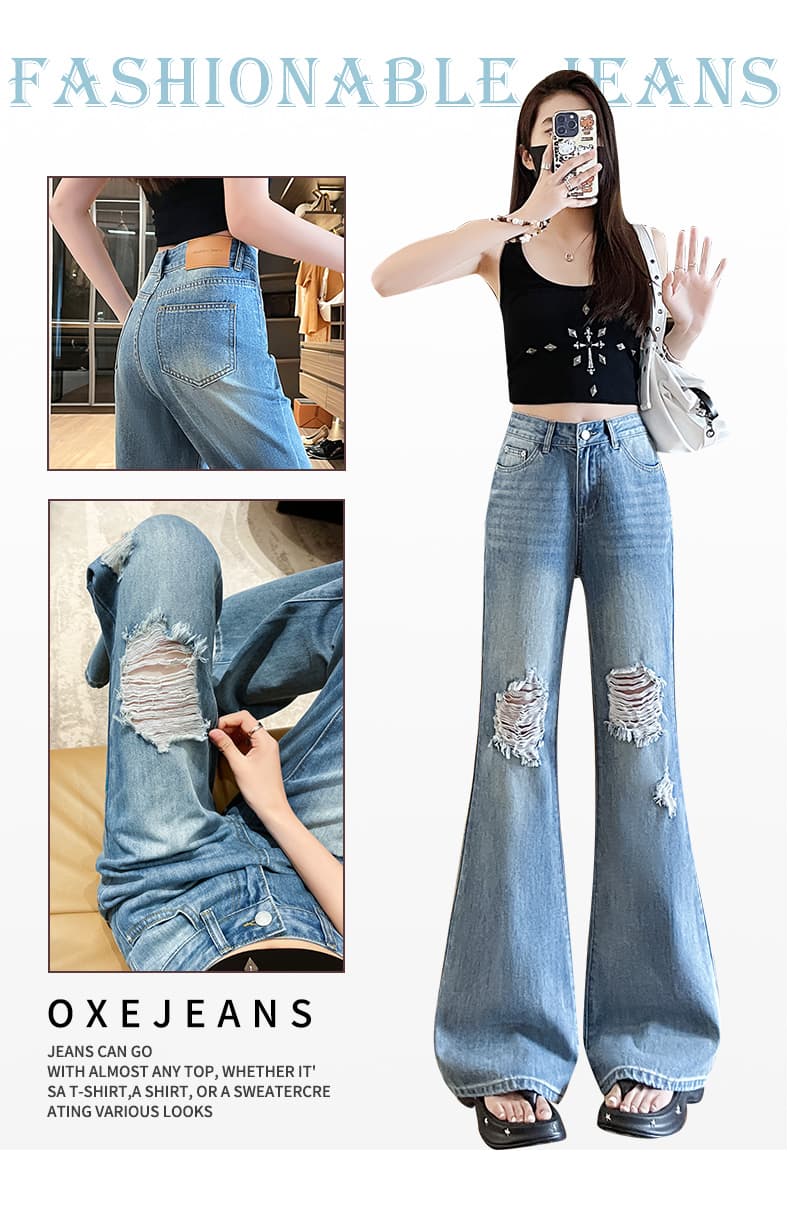 여름 새로운 데님 찢어진 부분 부츠컷 바지 상세 이미지 3