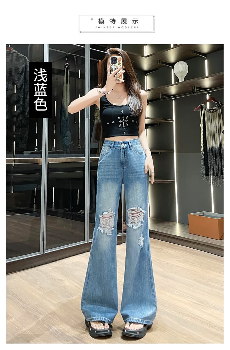 여름 새로운 데님 찢어진 부분 부츠컷 바지 상세 이미지 13
