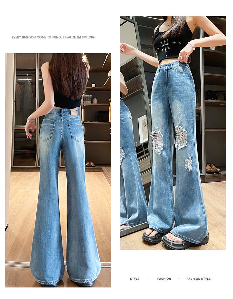 여름 새로운 데님 찢어진 부분 부츠컷 바지 상세 이미지 14