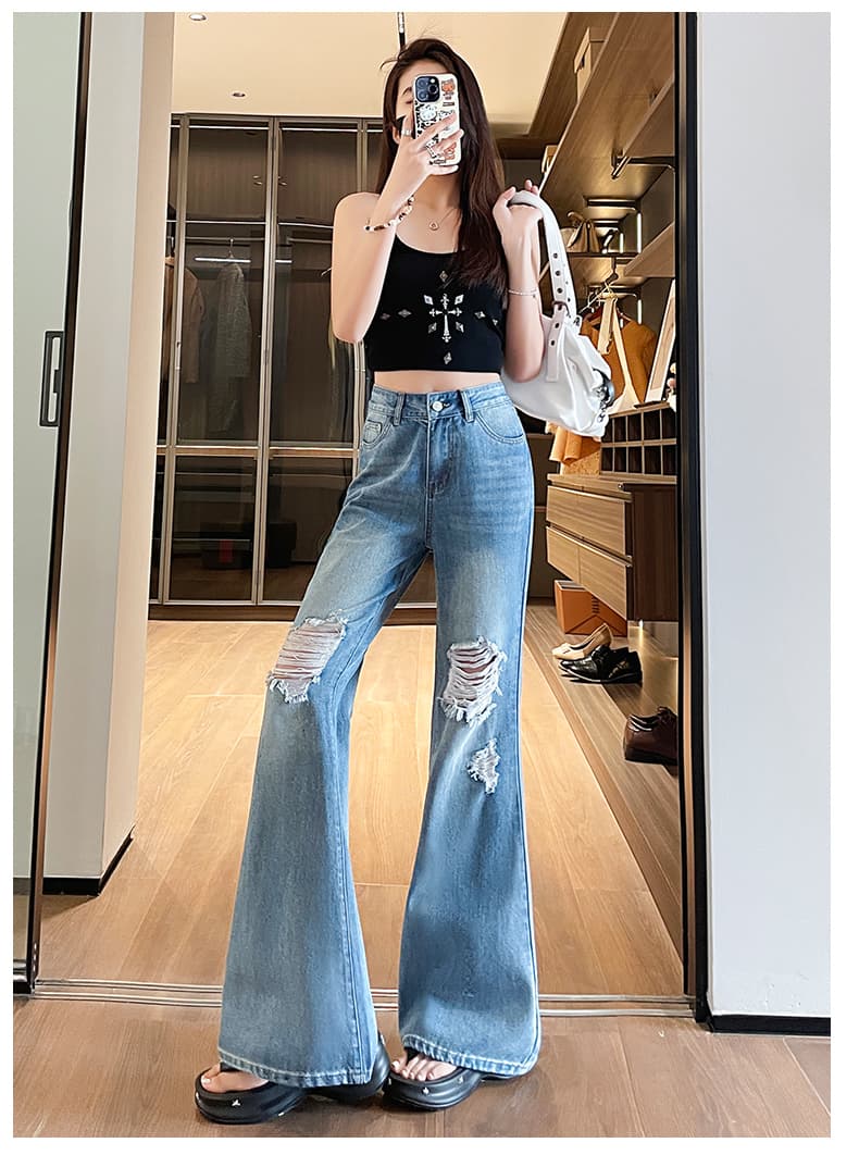 여름 새로운 데님 찢어진 부분 부츠컷 바지 상세 이미지 15