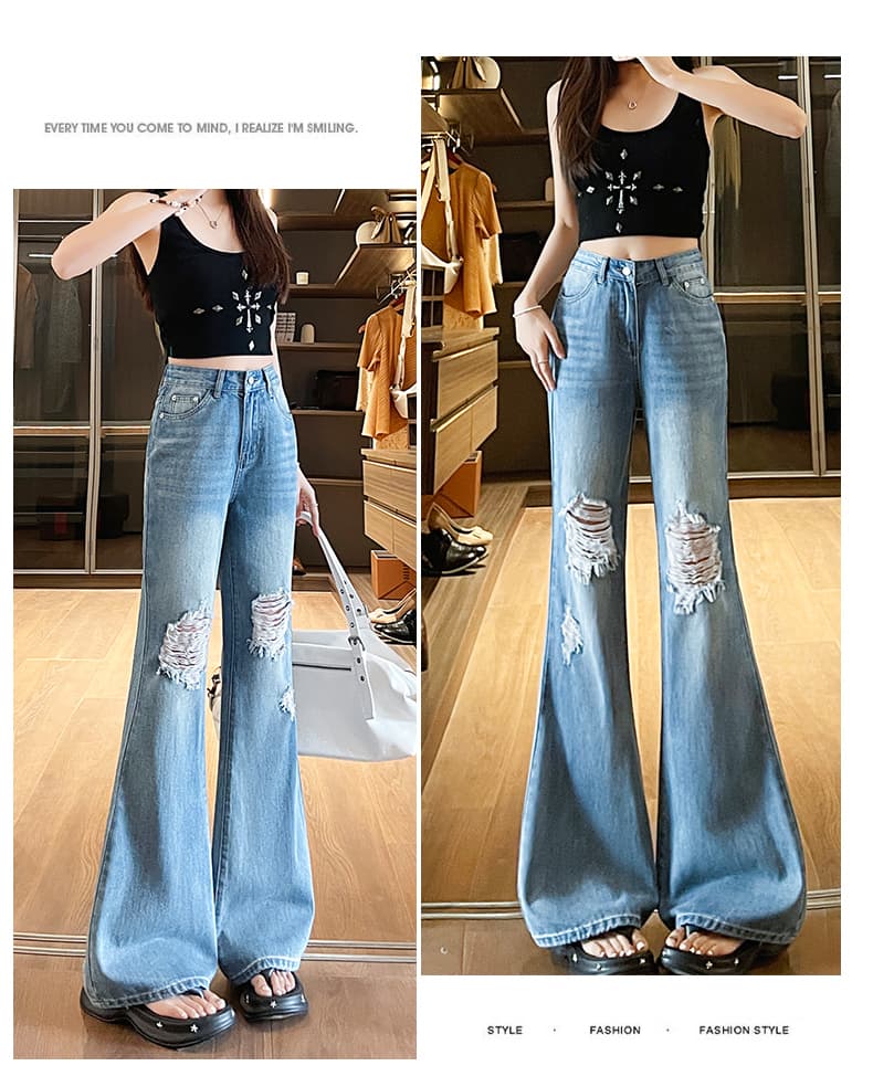 여름 새로운 데님 찢어진 부분 부츠컷 바지 상세 이미지 17