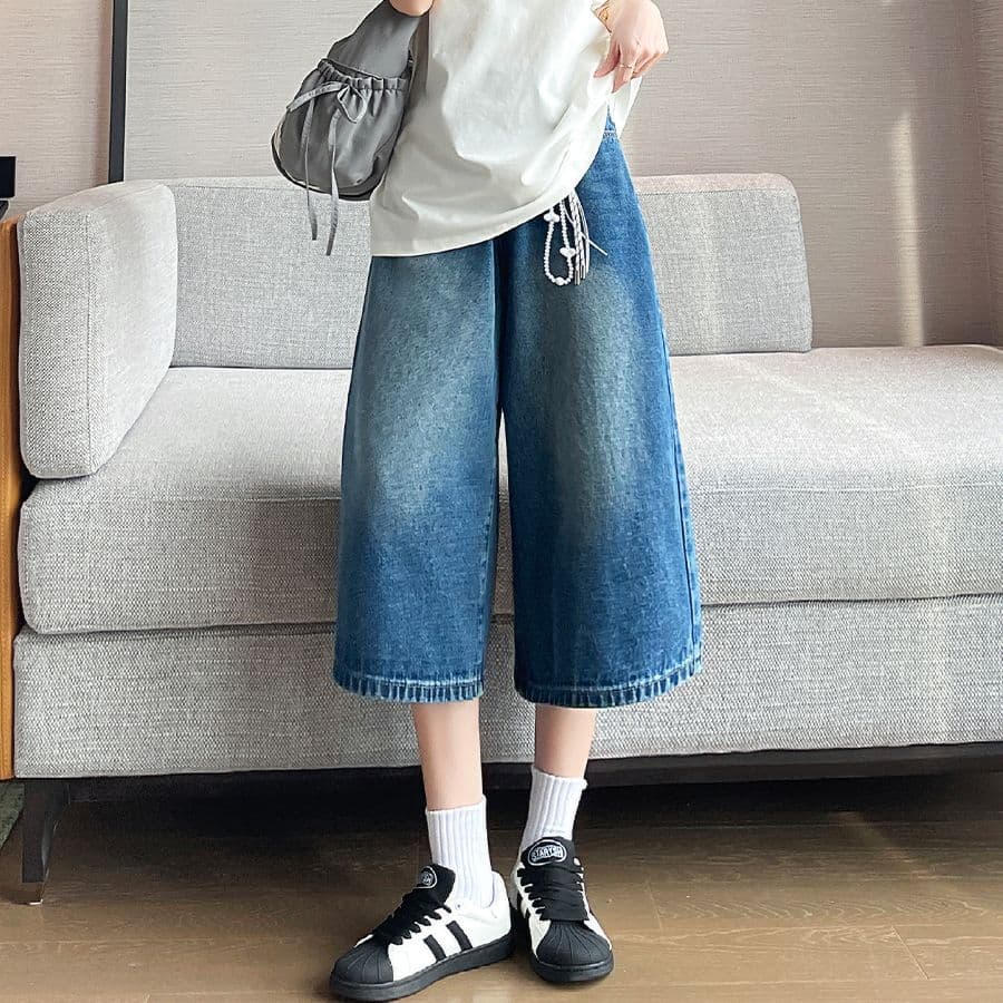 레트로 아메리칸 넓은 다리 7 점 청바지 여성 여름 새로운 2026 루즈핏 슬림해 보이는 배 종류 몸 스트레이트 반바지