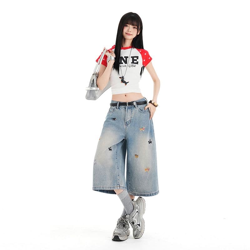 강아지 자수 넓은 다리 7 점 청바지 여성 여름 새로운 로우 웨이스트 루즈핏 스트레이트 8 점 바지 얇은 스타일 이미지 2
