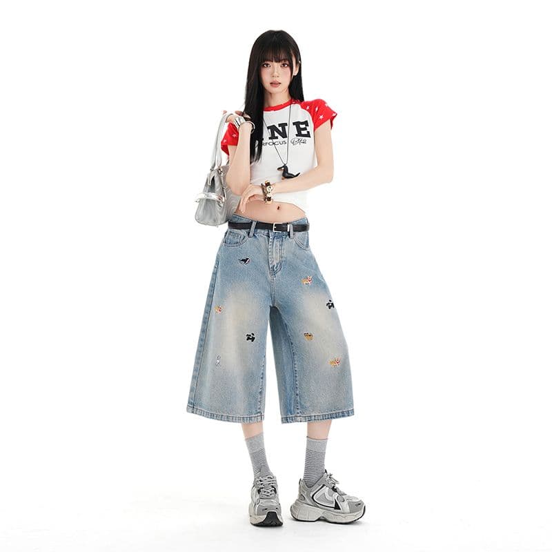 강아지 자수 넓은 다리 7 점 청바지 여성 여름 새로운 로우 웨이스트 루즈핏 스트레이트 8 점 바지 얇은 스타일 이미지 4