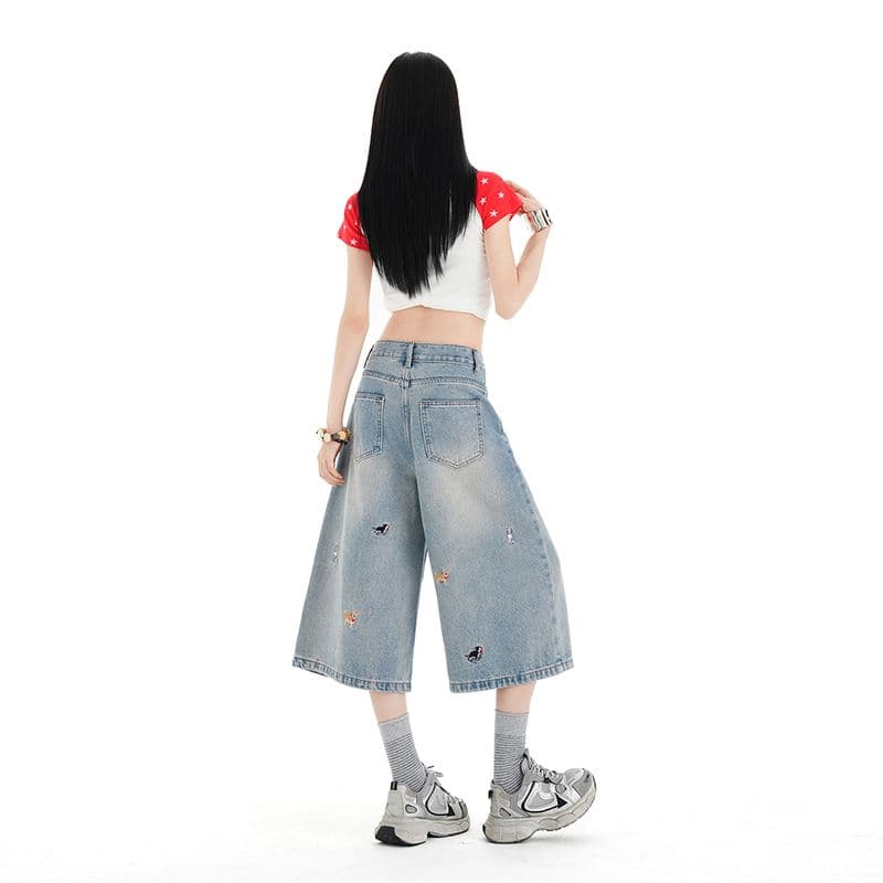 강아지 자수 넓은 다리 7 점 청바지 여성 여름 새로운 로우 웨이스트 루즈핏 스트레이트 8 점 바지 얇은 스타일 이미지 5