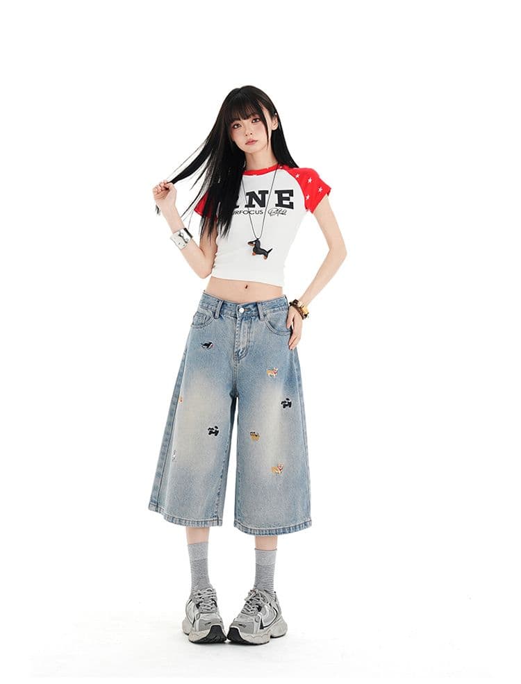 강아지 자수 넓은 다리 7 점 청바지 여성 여름 새로운 로우 웨이스트 루즈핏 스트레이트 8 점 바지 얇은 스타일 상세 이미지 14
