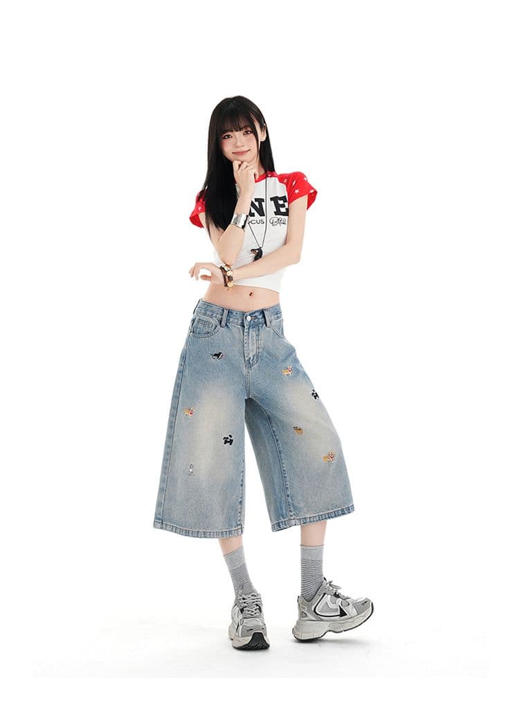 강아지 자수 넓은 다리 7 점 청바지 여성 여름 새로운 로우 웨이스트 루즈핏 스트레이트 8 점 바지 얇은 스타일 상세 이미지 19