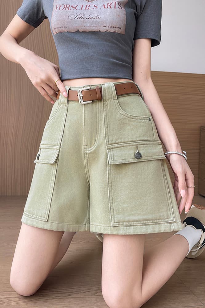 여름 새로운 카드 녹색 패션 캐주얼 워크웨어 데님 반바지 보내기 벨트 이미지 6