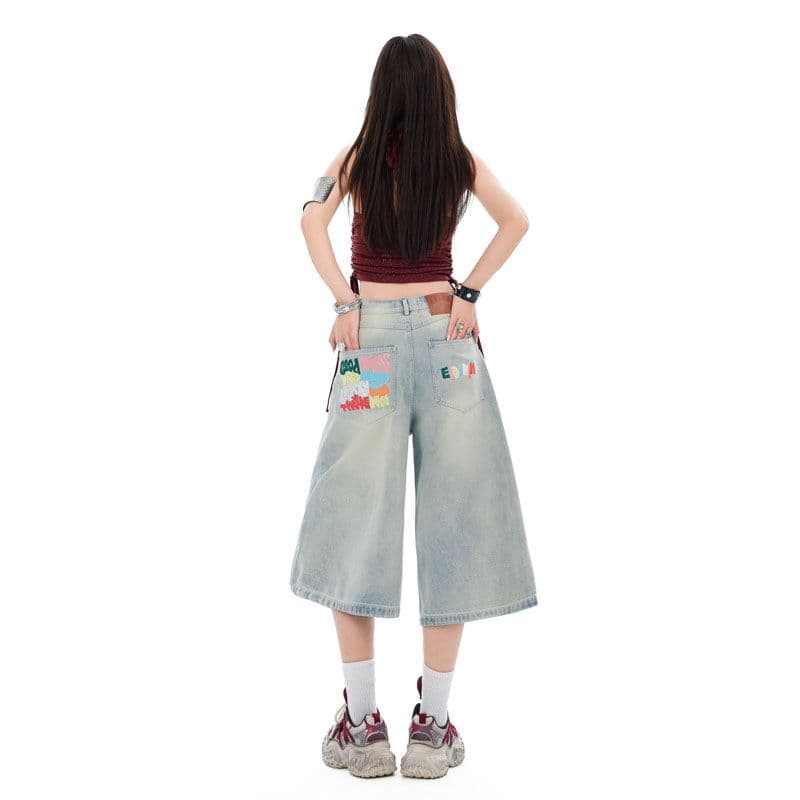 아메리칸 레트로 색상 알파벳 7부 바지 여성 넓은 다리 모통이 칼 바지