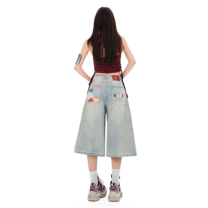 아메리칸 레트로 색상 알파벳 7부 바지 여성 넓은 다리 모통이 칼 바지 이미지 3