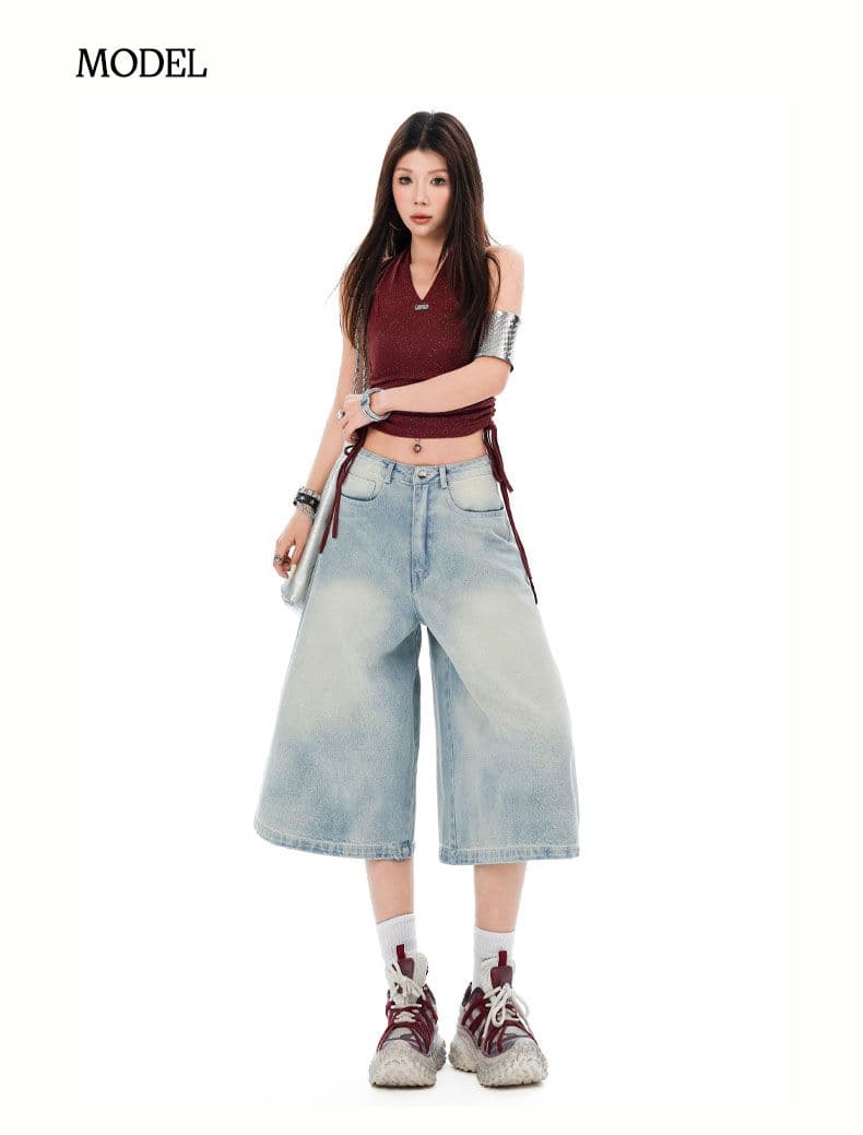 아메리칸 레트로 색상 알파벳 7부 바지 여성 넓은 다리 모통이 칼 바지 상세 이미지 11