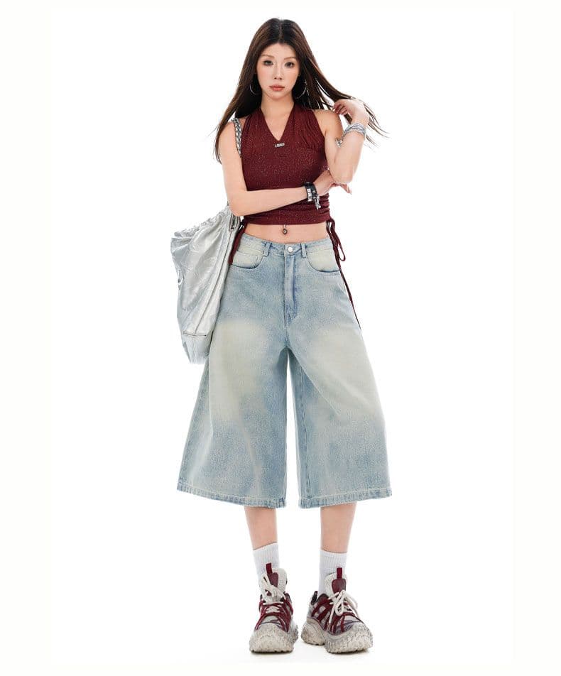 아메리칸 레트로 색상 알파벳 7부 바지 여성 넓은 다리 모통이 칼 바지 상세 이미지 14