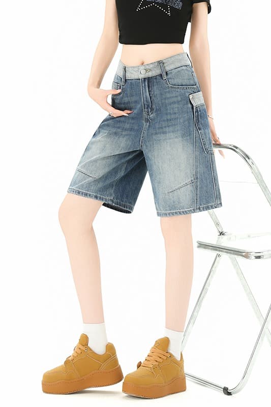 아메리칸 워싱 데님 반바지 남녀 여름 높음 거리 악당 잘 생긴 캐주얼 오부 바지 레트로 루즈핏 와이드 레그 팬츠 어린이 이미지 6