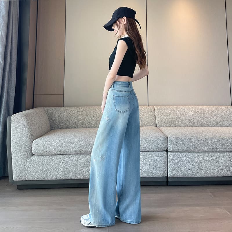 실사 별이 빛나는 하늘 블루 핫픽스 오각형 별 넓은 다리 청바지 이미지 4