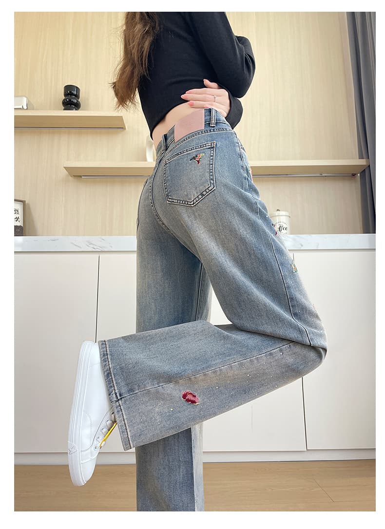 실사 레트로 노스탤지어 장미 자수 데님 스트레이트 팬츠 좁은 에디션 와이드 레그 팬츠 상세 이미지 17