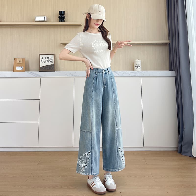 실사 하늘색 여름 자수 홀로우 아웃 9 포인트 데님 스트레이트 팬츠 이미지 4