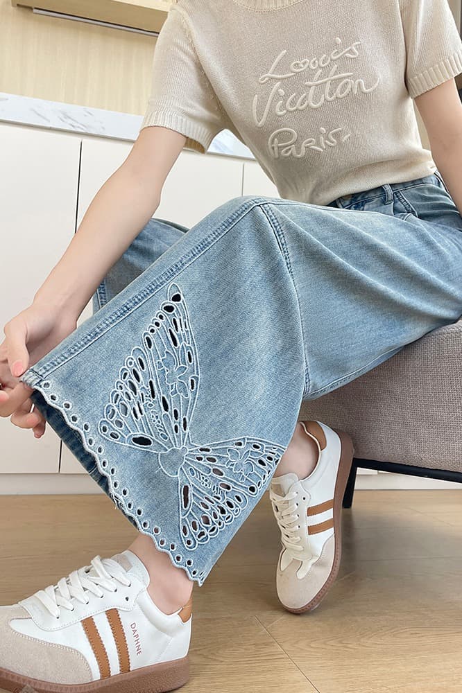 실사 하늘색 여름 자수 홀로우 아웃 9 포인트 데님 스트레이트 팬츠 이미지 6
