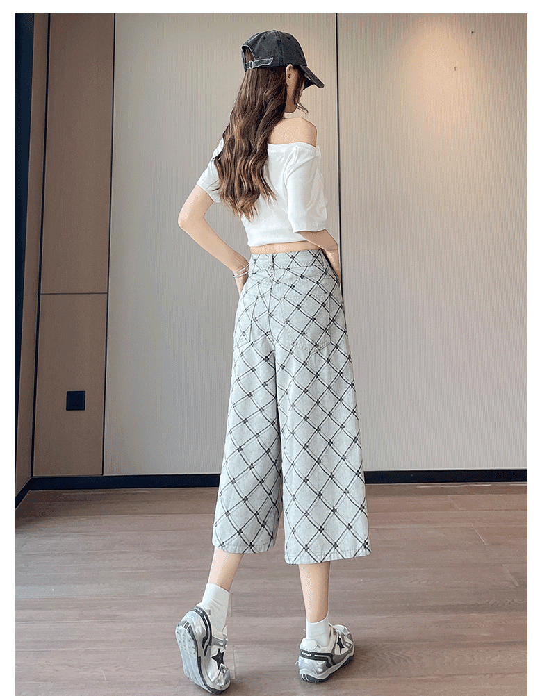 여름 새로운 캐주얼 하이웨이스트 데님 여성 7 점 와이드 레그 팬츠 상세 이미지 18