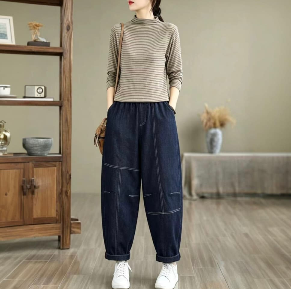 2026 가을 새로운 문예 바람 데님 하렘 바지 배기 바지 이미지 2