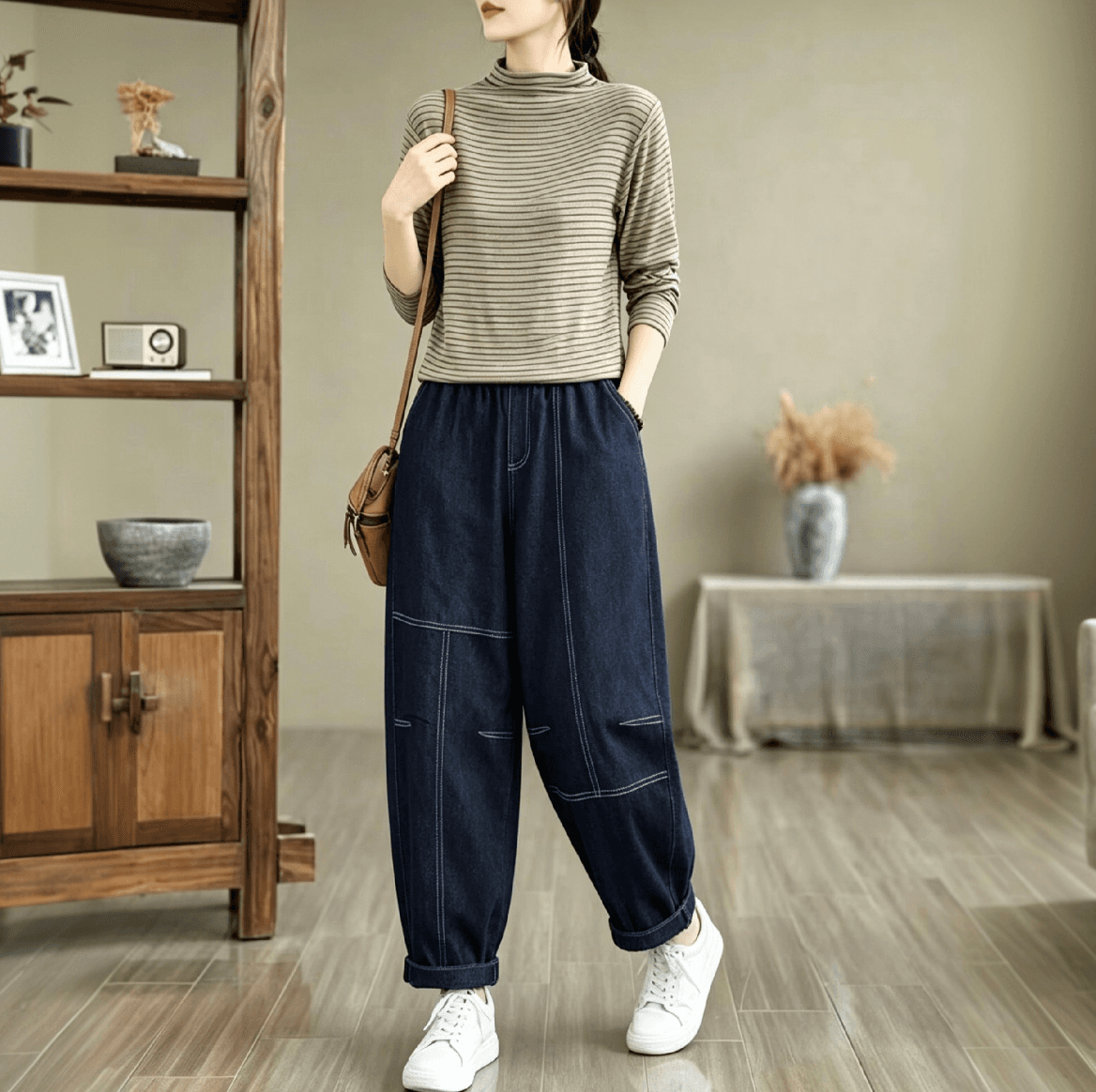 2026 가을 새로운 문예 바람 데님 하렘 바지 배기 바지 이미지 3