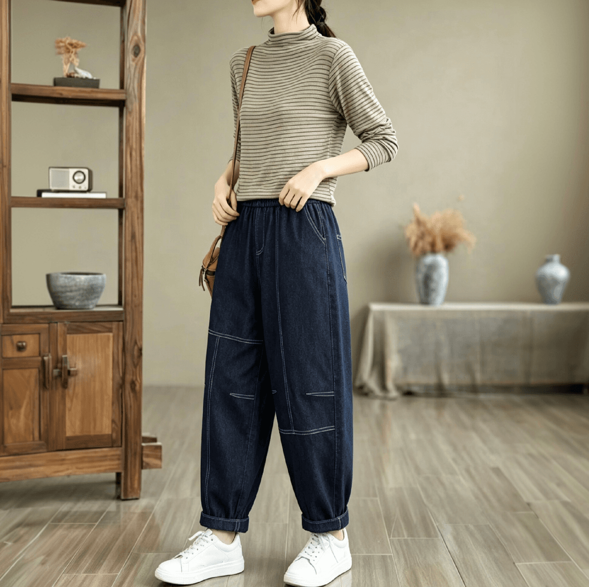 2026 가을 새로운 문예 바람 데님 하렘 바지 배기 바지 이미지 4
