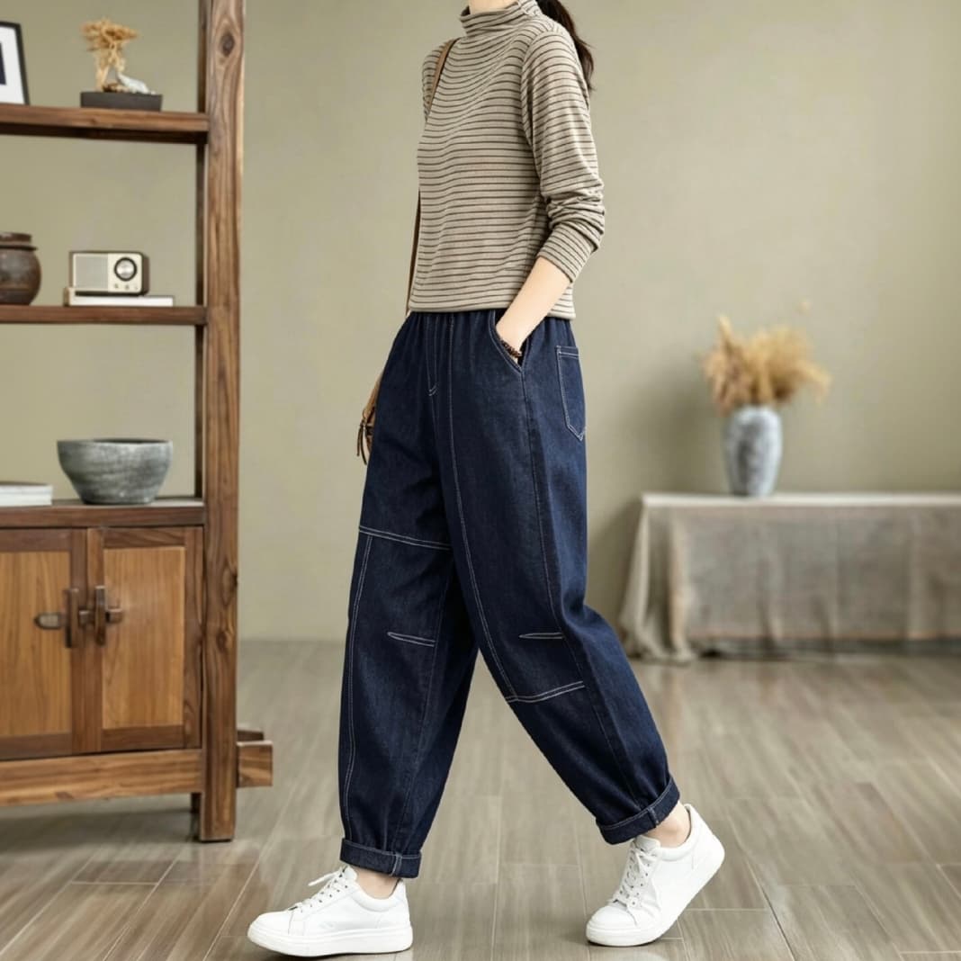 2026 가을 새로운 문예 바람 데님 하렘 바지 배기 바지 이미지 5
