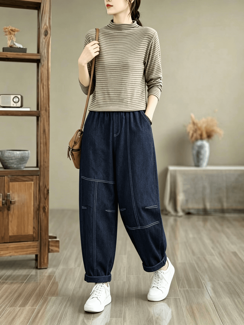 2026 가을 새로운 문예 바람 데님 하렘 바지 배기 바지 상세 이미지 7