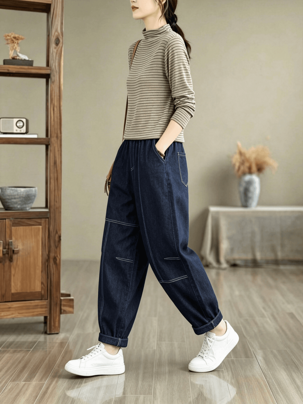2026 가을 새로운 문예 바람 데님 하렘 바지 배기 바지 상세 이미지 8