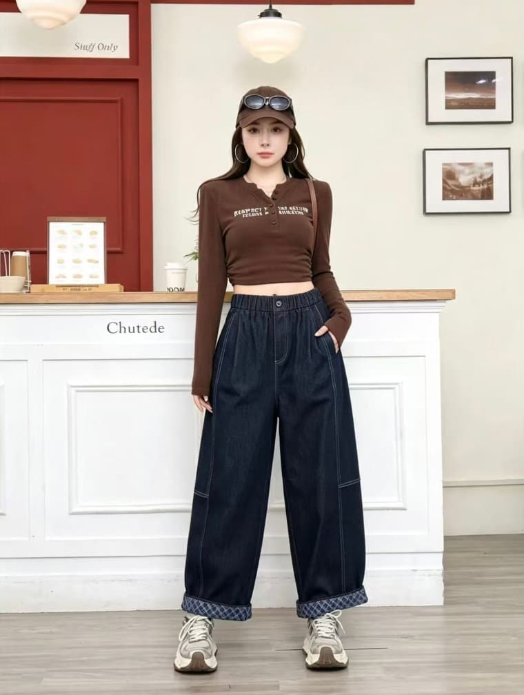 2026 가을 새로운 뒤집다 측면 둘 착용 데님 와이드 레그 팬츠 문예 바람 청바지 이미지 2