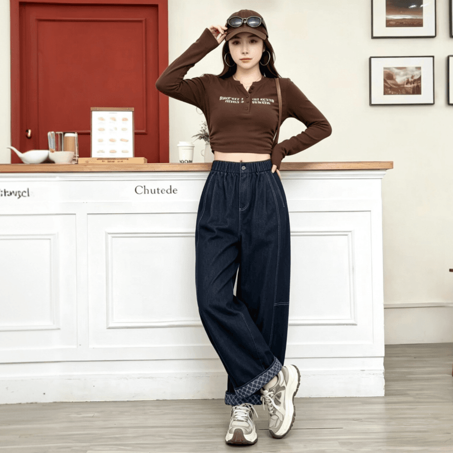 2026 가을 새로운 뒤집다 측면 둘 착용 데님 와이드 레그 팬츠 문예 바람 청바지 이미지 5