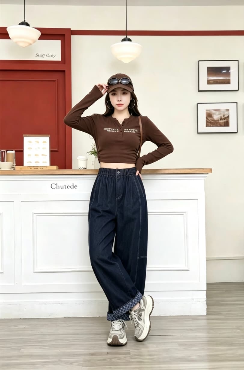 2026 가을 새로운 뒤집다 측면 둘 착용 데님 와이드 레그 팬츠 문예 바람 청바지 상세 이미지 10