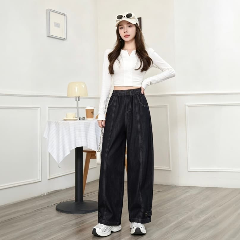 2026 년 가을 새로운 문예 바람 데님 와이드 레그 팬츠 빅 사이즈 바지 이미지 3