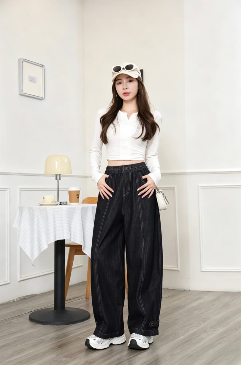2026 년 가을 새로운 문예 바람 데님 와이드 레그 팬츠 빅 사이즈 바지 상세 이미지 2