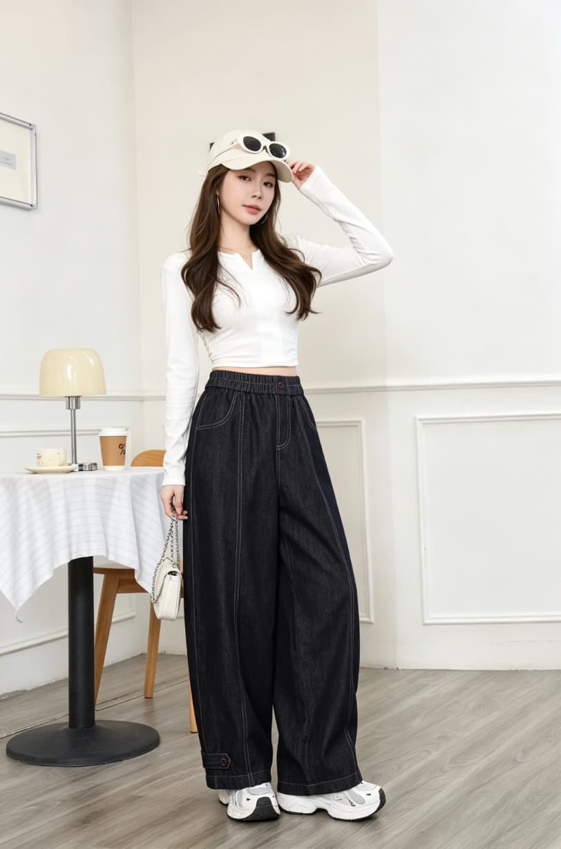 2026 년 가을 새로운 문예 바람 데님 와이드 레그 팬츠 빅 사이즈 바지 상세 이미지 3